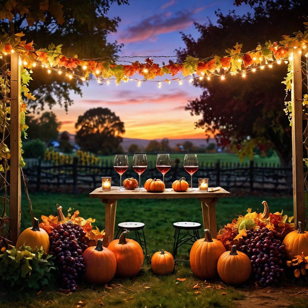 A festive outdoor vineyard scene with glasses of wine clinking joyfully under string lights, surrounded by lush grapevines and autumn leaves. Include a warm sunset in the background with hints of seasonal decorations like pumpkins and gourds. Capture a sense of celebration, camaraderie, and the rich colors of wine. vibrant colors. super-realistic.