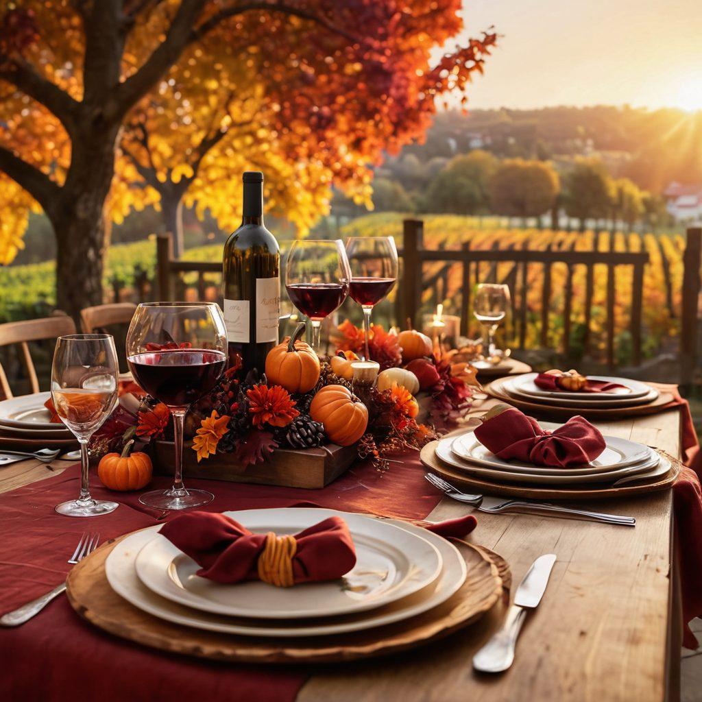 A beautifully set autumn dinner table adorned with rich, warm-toned tablecloths, rustic wooden plates, and gleaming wine glasses filled with deep red wine. Surrounding the table are colorful fall leaves, small pumpkins and an array of gourmet dishes showcasing seasonal ingredients. Soft candlelight flickers, enhancing the cozy atmosphere of an intimate gathering. The background features a lush vineyard under a vibrant autumn sunset. super-realistic. warm colors. cozy ambiance.