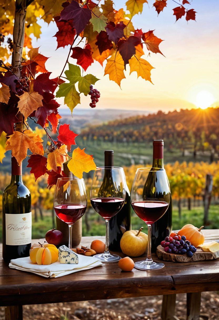 A picturesque vineyard in the golden hues of autumn, surrounded by colorful falling leaves. A rustic wooden table is set with an array of wine glasses filled with rich red and white wines, paired with gourmet cheeses and fruits. In the background, a beautiful sunset casts warm light over the landscape, evoking a cozy fall atmosphere. A couple joyfully clinks their glasses together, embodying the spirit of wine tasting. super-realistic. vibrant colors. soft focus.